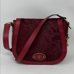 FOSSIL Saddlebag Cranberry Cow Leather Calf Hair Crossbody Flap Red Bag